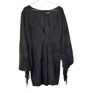 Missguided Microsuede V-Neck Fringe Long Sleeve Mini Sheath Dress Black Size 14